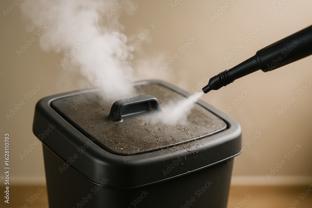 Steam rising from hot water vapor cleaning trash bin with steamer in ...