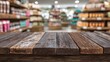 © rama - Wooden table top in front of a blurred supermarket interior.