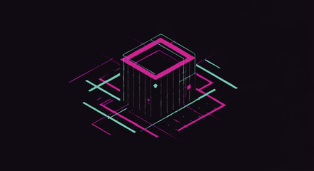 Abstract graphic design featuring a 3D cube with lines and dots on a dark background.