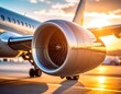 © Fahrizal - Detailed view of an airplane's powerful jet engine and turbine blades on the tarmac at sunset, ready for departure.