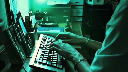 Person Typing on a Keyboard in a Dimly Lit Room with Green Illumination