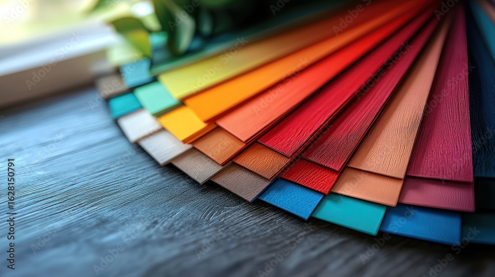 Colorful paint samples fanned on wood, near window. Interior design ...