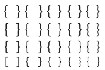 Curly braces and square brackets icon set. 36 diverse bracket styles, vector symbols for code, math, typography, programming UI, web development interface, text formatting, design template elements