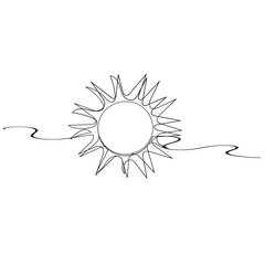 Poster - Continuous line sun art. Single line sketch sunny summer travel concept. Icon hot bright sky weather happy holiday vacation element vector illustration