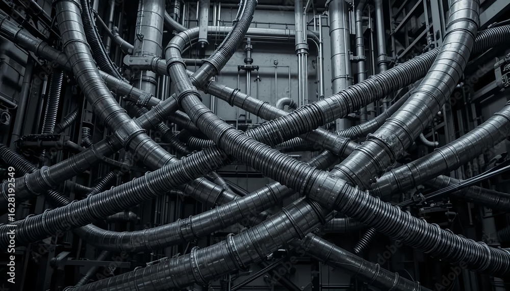 Curved steel tubing and coiled cables crossing diagonally, high detail ...