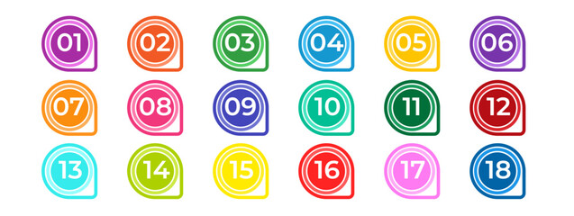 Poster - Colorful labeled lists with numbers from zero to eighteen. Multicolored circles, arrows, and numbers. A set of markers with numbers. Vector flat icons isolated on a white background