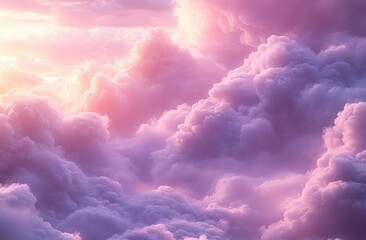 Wall Mural - a stunning display of fluffy, pink and purple clouds illuminated by soft sunlight, creating a dreamy
