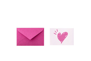 Wall Mural - seen from above: a closed pink glitter envelope next to a message card with a hand-drawn pink heart