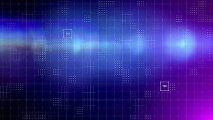 Abstract technology background with a blue and purple grid, data points, and a bright optical flare