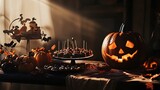Halloween sweets on a table with dark shadows and spooky pumpkin accents