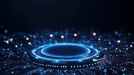 Futuristic digital interface glowing blue, circuit board background. Tech concept
