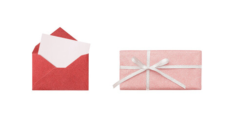 Wall Mural - a pink gift box with a silver ribbon next to a pink card from a red glitter envelope
