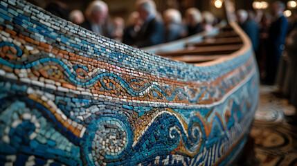 Wall Mural - closeup view of a detailed mosaic boat design with a blurred crowd in the background