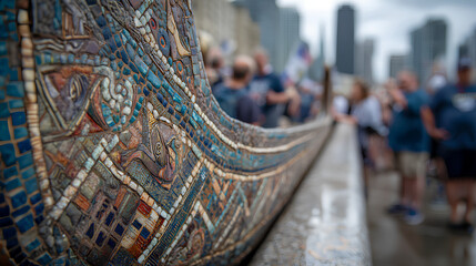 Wall Mural - closeup view of a detailed mosaic boat design with a blurred crowd in the background