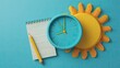 © taufik - A light teal clock, a yellow sun, and a notepad with pencil, on a teal background, suggest planning for a sunny day