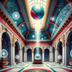 Wall Mural - celestial hall of wonders - a grand hall with a celestial ceiling, glowing orbs, and a central fount