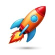 © Atstsaniyah - A cartoon rocket ship, orange and red body, blue fins, fiery exhaust, set against a white background