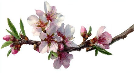 Vintage Watercolor Illustration of Almond Blossom on a Delicate Twig
