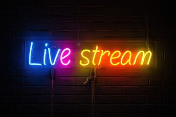 Wall Mural - Vibrant Live Broadcast Neon Sign Art on Dark Brick Wall