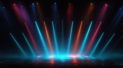 Wall Mural - Urban Nightscape: Abstract Neon Lights and Spotlights Creating a Bright Illumination in a Dark Background