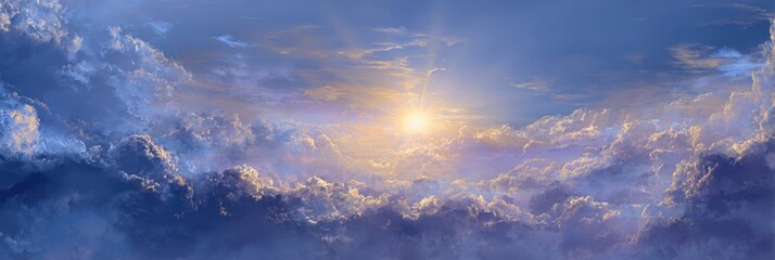 Wall Mural - Stunning Celestial Atmosphere: Vibrant Sunset Sky with Fluffy Clouds in a Beautiful Blue Horizon