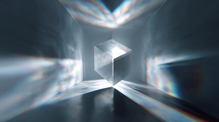 Canvas Print - abstract cube in a room with light rays creating a modern and geometric design, a futuristic and shi