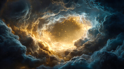 Wall Mural - Cloudy background with golden light and dark clouds, in the center is a portal of the universe. Deep scape background.