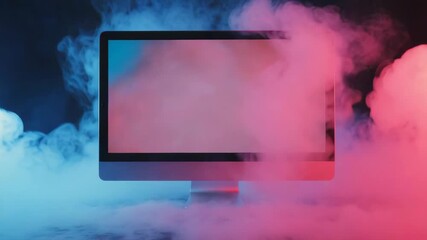 Wall Mural - modern computer monitor displaying a blank screen is enveloped in a vibrant, colorful smoke or fog, 
