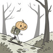 © Samina - Whimsical halloween character with pumpkin head embarks on a forest adventure carrying a backpack amidst autumnal scenery and bare trees