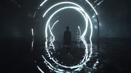 Canvas Print - a silhouette of a person standing in a dark tunnel with glowing neon circles reflecting in the water