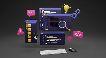 3d rendering of programming code, computer elements, and development tools