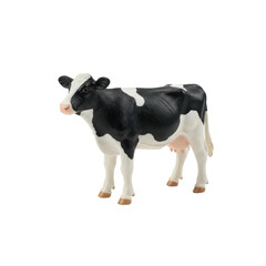 Highly detailed miniature plastic Holstein cow, 2 inches tall, black and white, glossy finish, intricate molded details, 3/4 view, macro lens effect, isolated on seamless transparent shadowless studio