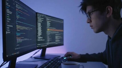 Focused coder working on dual monitors with illuminated keyboard and coffee cup