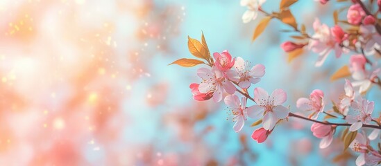 Naklejka na meble Sunlight dapples delicate pink cherry blossoms against a vibrant blue sky, cBeautiful, gentle, and natural spring background with creating a serene spring scene