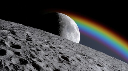 moon surface with colorful rainbow and starry sky