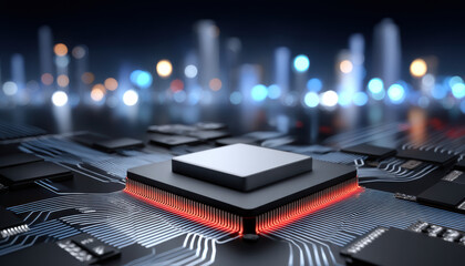 Poster - semiconductor chip with glowing red light on circuit board showing technology and innovation in semi
