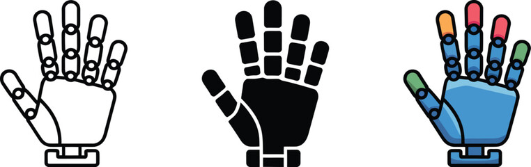Robotic hand icons in line, solid and color variations