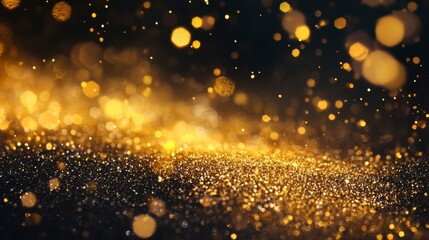 Wall Mural - sparkling golden glitter texture on black background with bokeh lights.