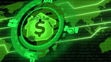 Wall Mural - Neon dollar sign with digital background. 3D rendering. 4k video