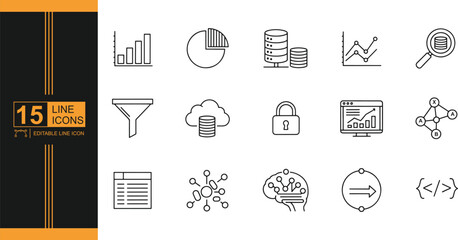 Data Science Line Icons Vector Set Representing Analytics and Insights for Business Intelligence and Machine Learning Concepts