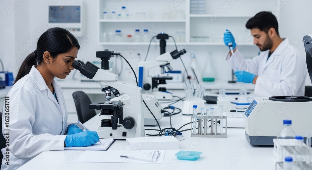 Two scientists wearing lab coats are working in a modern laboratory ...