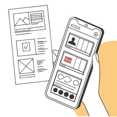 A hand holding a smartphone displaying a user interface with various content blocks next to a wireframe document illustrating digital design and development