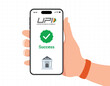 © Hasheb Anzar - UPI payment success screen illustration on smartphone, money transfer completed with bank icon, flat vector design for finance, fintech, mobile banking, and digital transaction interface