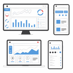 Modern ui ux design showcasing responsive dashboards with charts and graphs across desktop laptop and mobile devices for data analysis