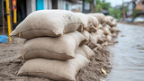 Flood protection with sandbags lining a street. Emergency measure for rising water levels after heavy rains and storms.