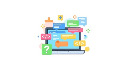 Illustration of a laptop screen with code snippets and speech bubbles on a white background