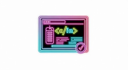 Neon illustration of a browser window with code and a checkmark on a white background