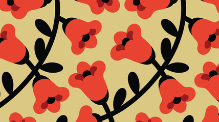 Wall Mural - vibrant red floral pattern with stylized blooms and leaves on a warm golden background, perfect for 