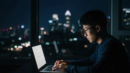 A focused individual working late at night on a laptop in a modern high-rise apartment with a vibrant city skyline illuminated by city lights in the background showcasing urban life