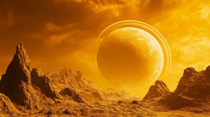 Wall Mural - a surreal depiction of a ringed planet in golden hues